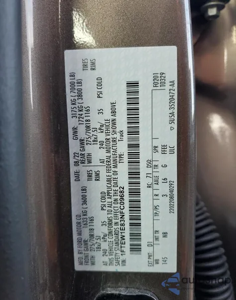 2022 Ford F150 Supercrew from USA, damaged, VIN 1FTEW1E83NFC09682